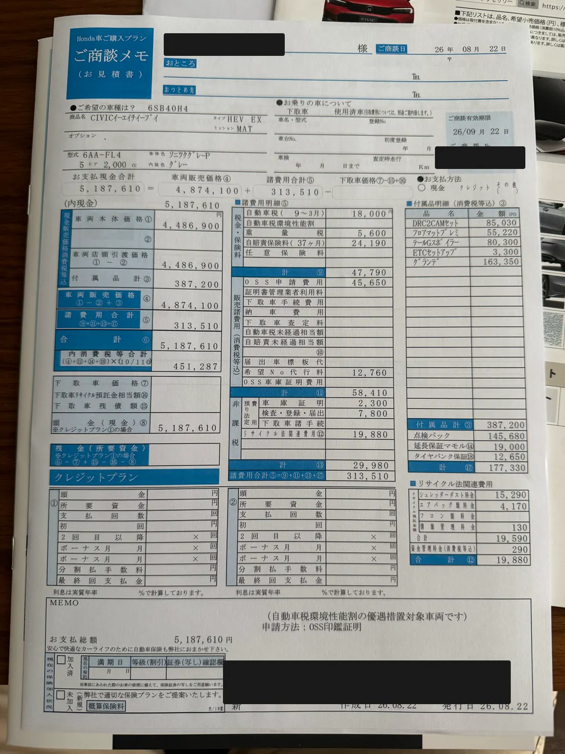 シビックe:HEVの見積書（個人情報マスク済み）。お支払総額5,187,610円